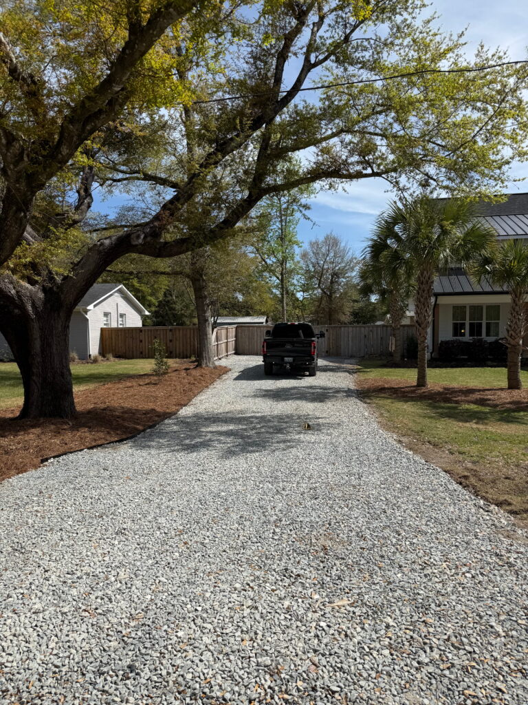 Freshly finished gravel driveway at a home